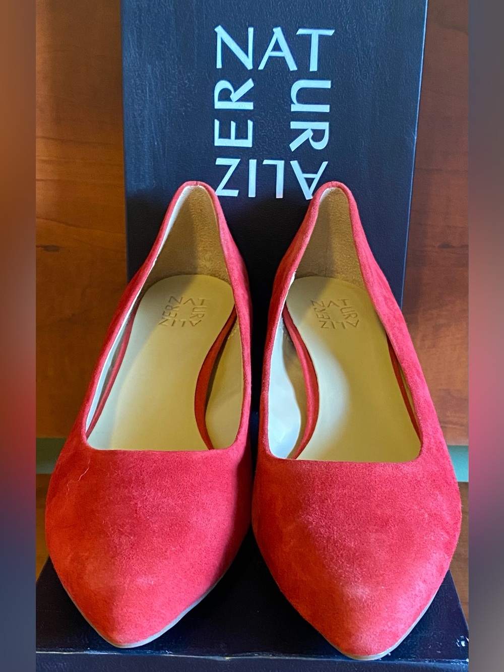 Naturalizer Red Suede Pointed-Toe Heels. Approximately 2” heel height